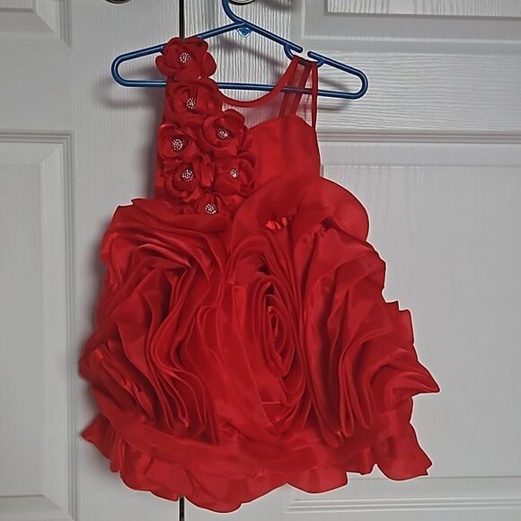 Toddler Girl's Custom-Made Rose Petals Chiffon Dress With Petticoat Red 12-Month - Picture 2 of 16
